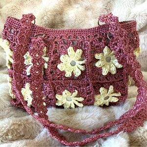 Romantic Pink and Cream Crochet Shoulder Bag Granny Square Lined